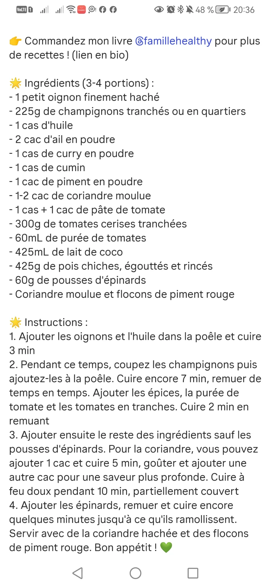 Curry de pois chiches, champignons et épinards au lait de coco