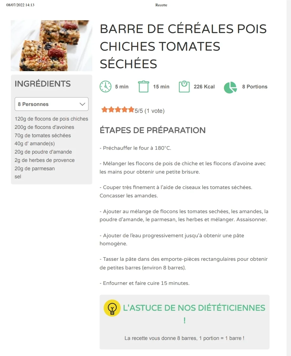 Barres de céréales aux pois chiches et tomates séchées