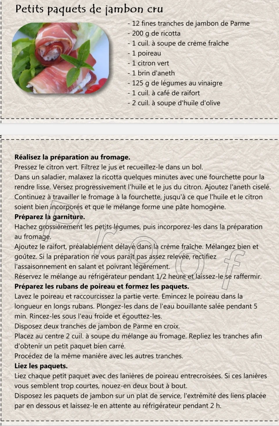 Petits paquets de jambon cru