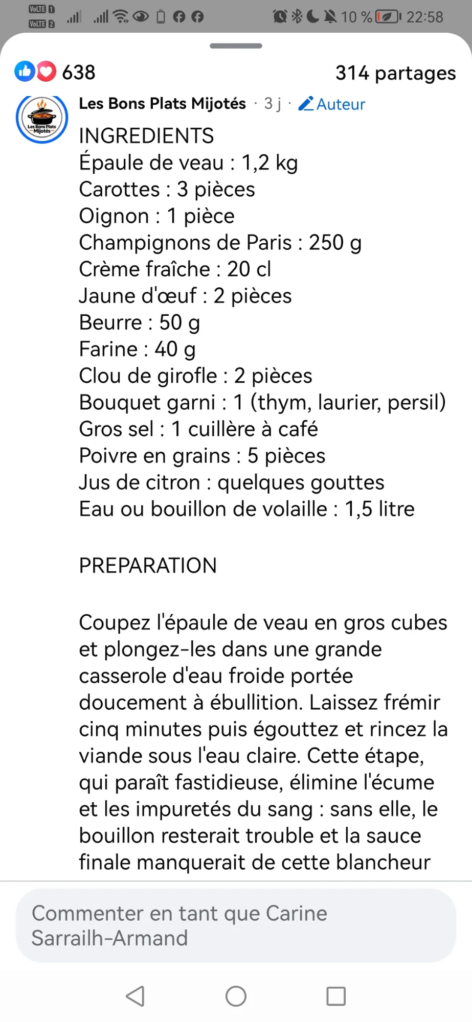 Blanquette de veau à l'ancienne