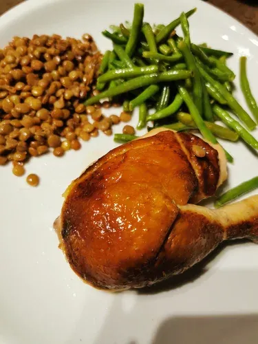 Poulet fumé haricot verts lentilles