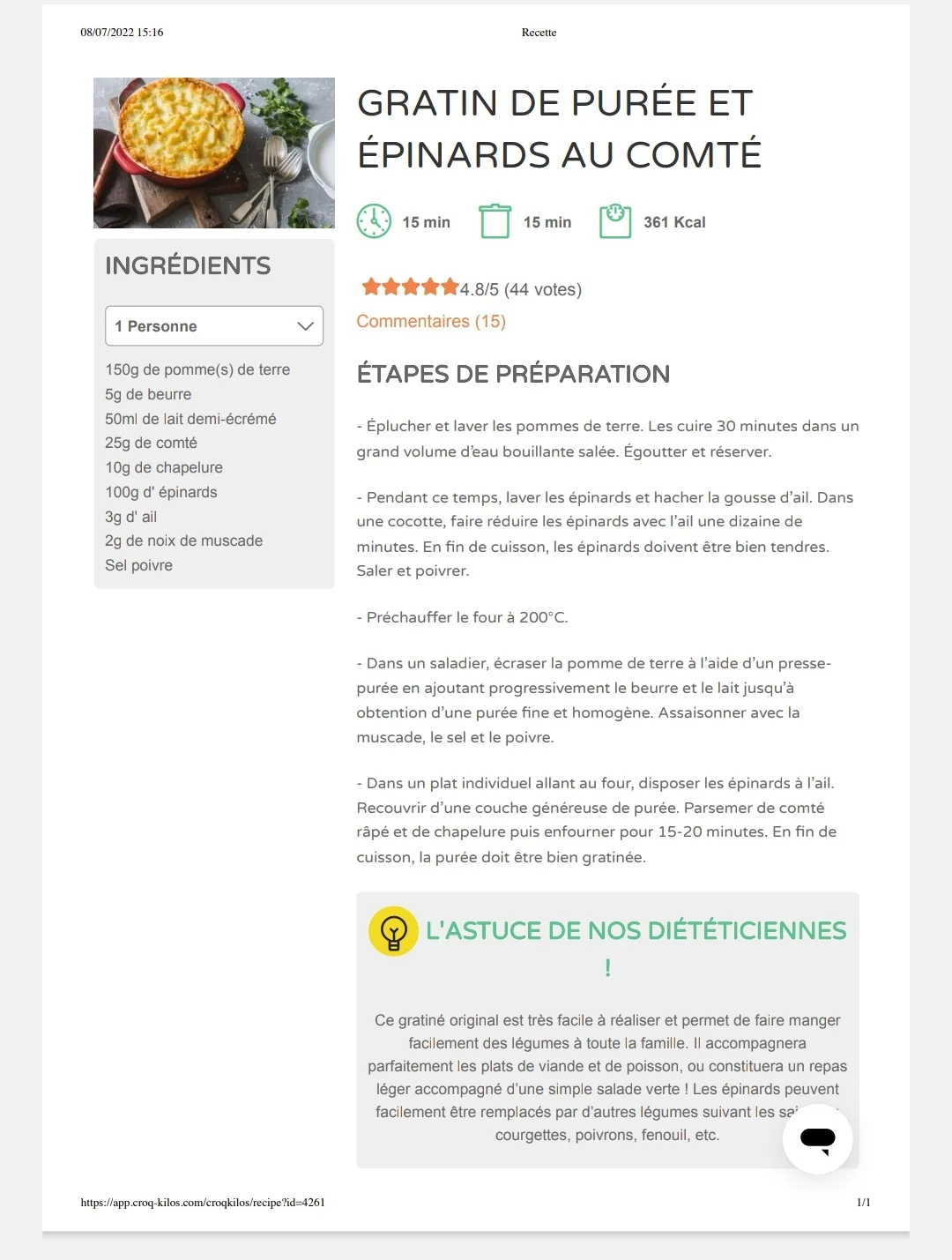 Gratin de purée et épinards au comté