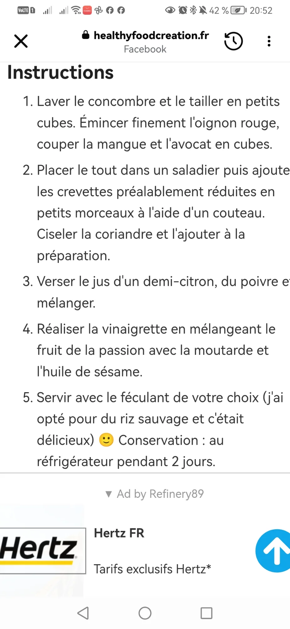 Salade de crevettes, mangue, avocat et concombre, vinaigrette passion