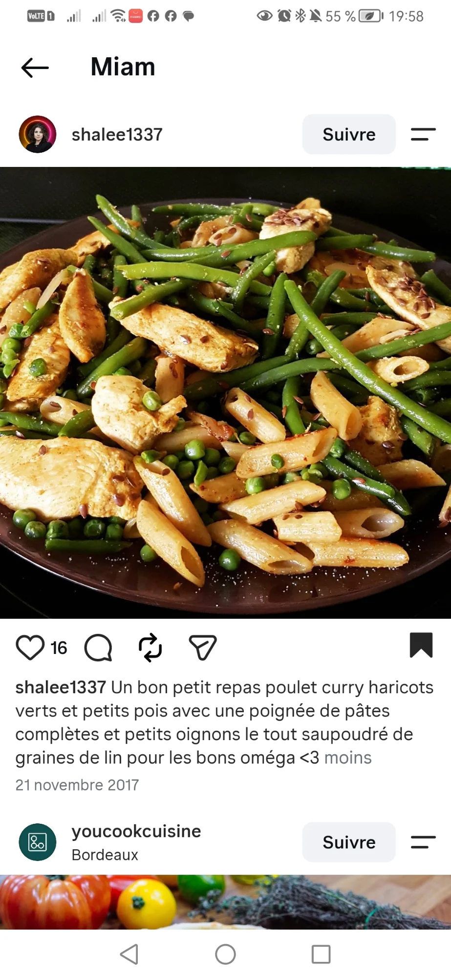 Poulet au curry, haricots verts, petits pois et pâtes complètes