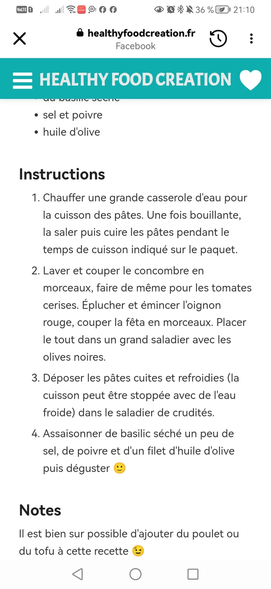 Salade de pâtes complètes, concombre, tomates et feta