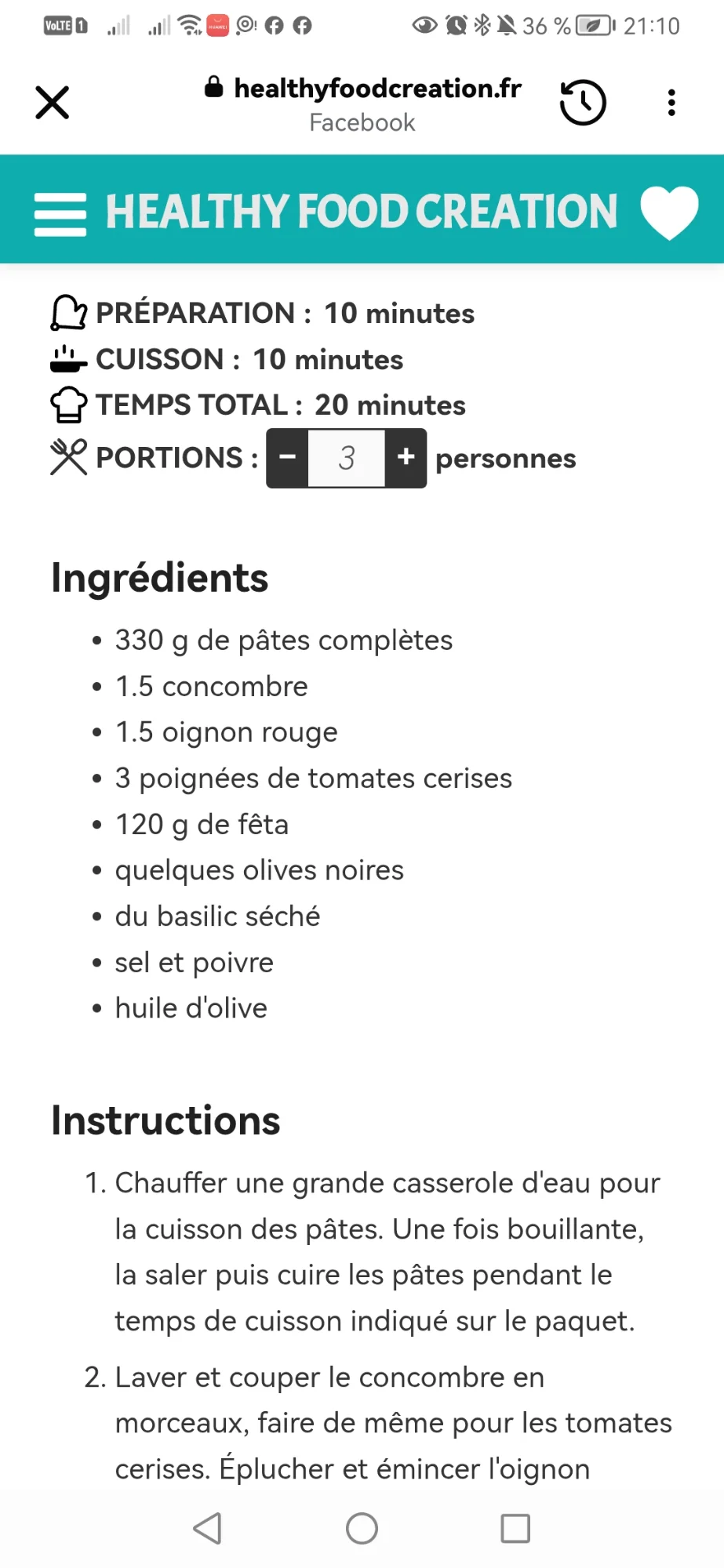 Salade de pâtes complètes, concombre, tomates et feta