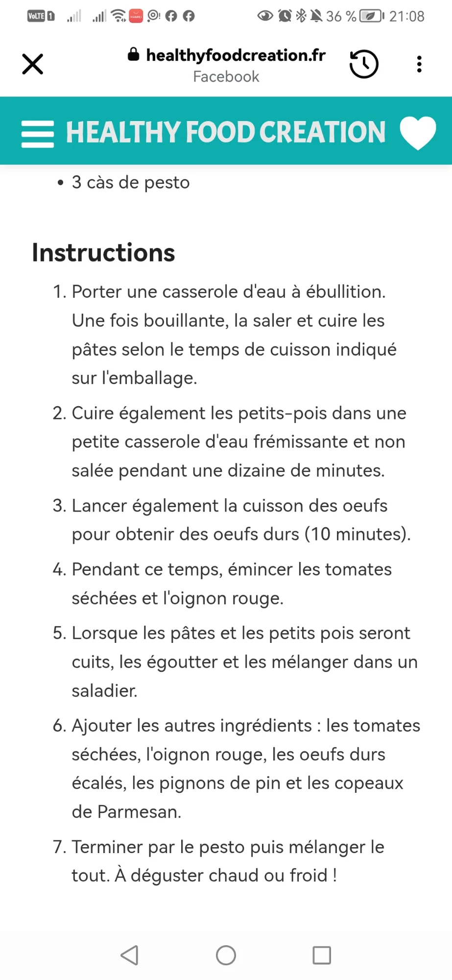 Salade de pâtes au pesto, petits pois et œufs durs