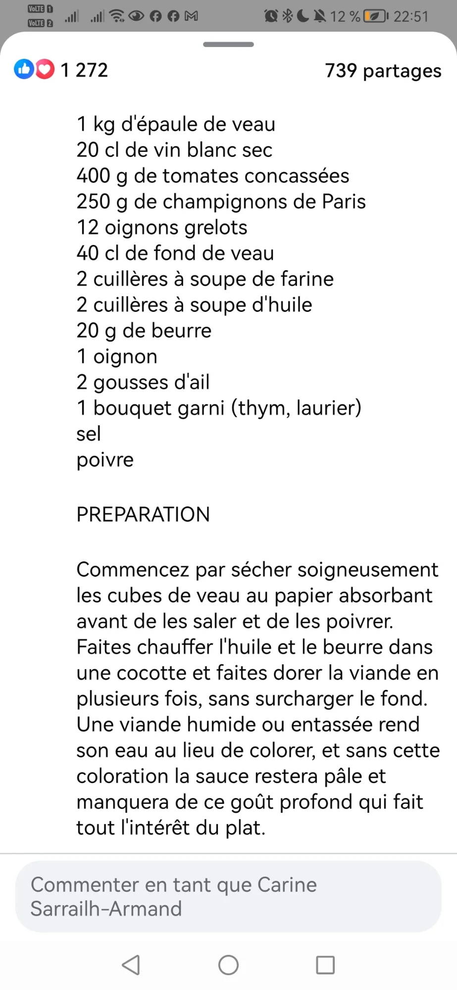 Veau Marengo, tomate et vin blanc