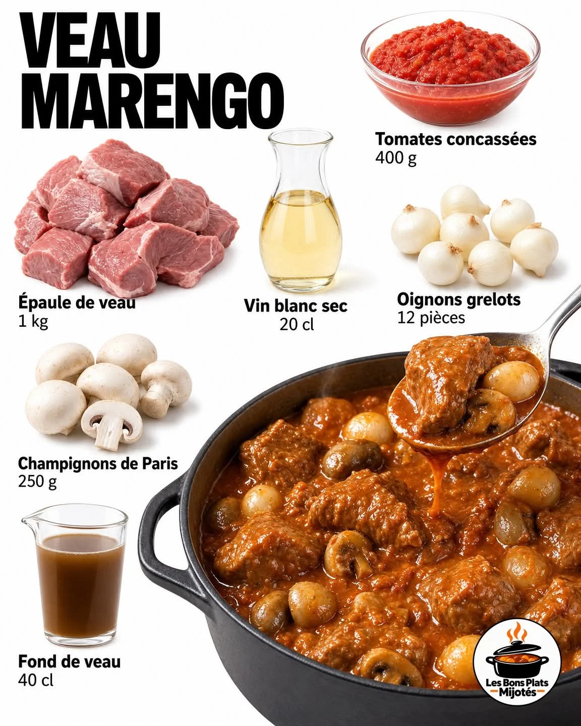 Veau Marengo, tomate et vin blanc